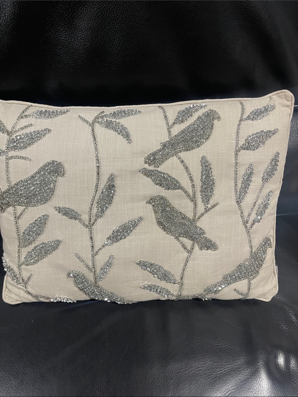 Embellished Bird Motif Accent Pillow in Cream and Silver by Theo